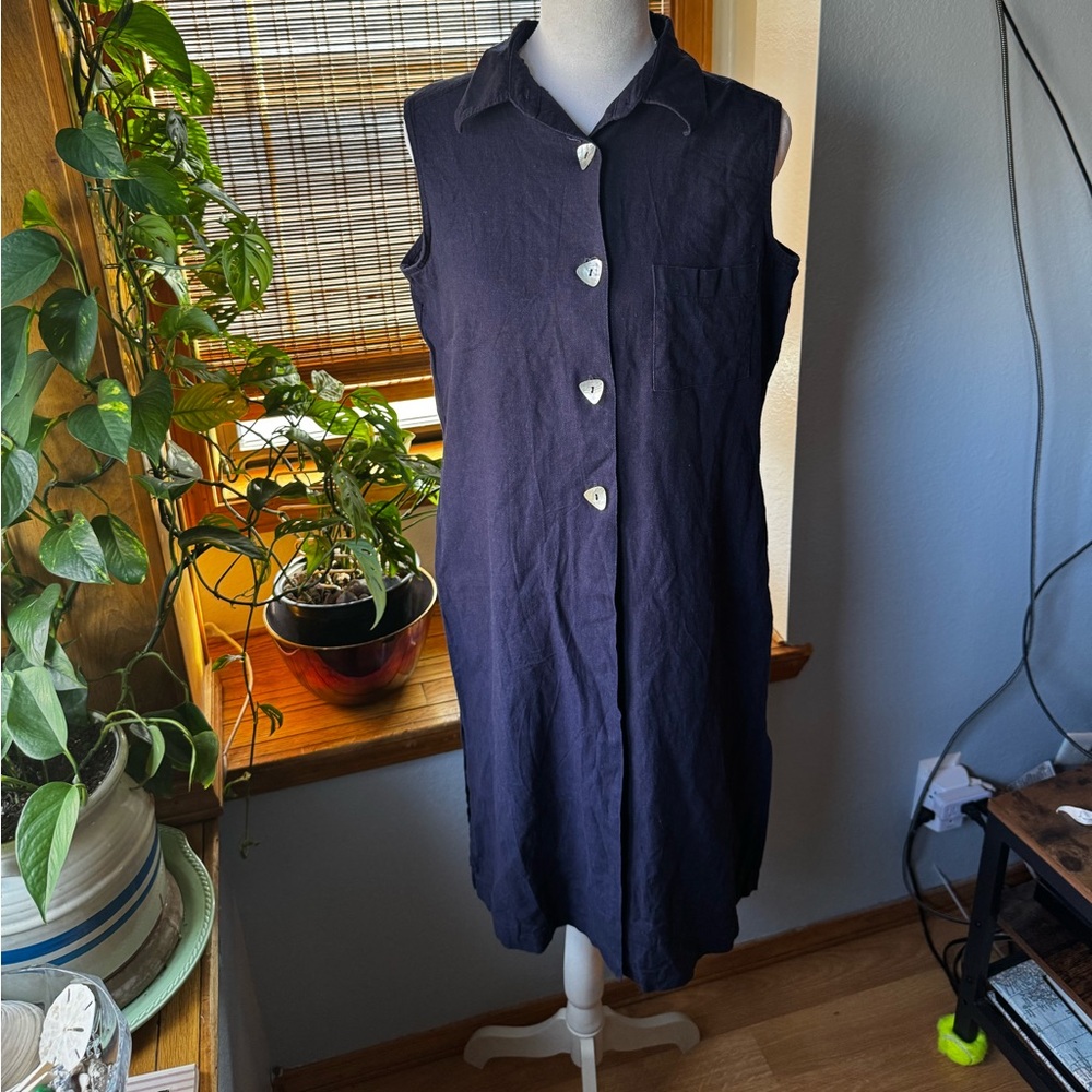 Coldwater Creek Linen Blue Navy Shirt Dress Sleeveless Button Down Made in USA